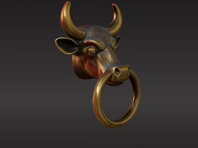 Ornate Bull Head Shaped Brass Door Handle With Decorative Ring Design 3d model