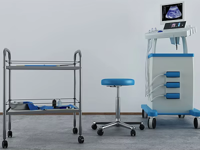 Medical Equipment With Wheels Featuring Mobile Cart Blue Stool And Ultrasound Machine 3d model