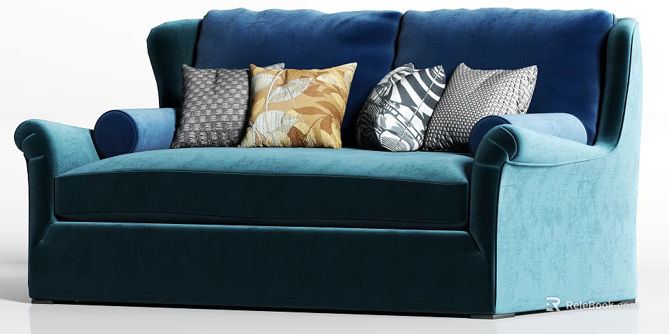 Modern Teal Two Seater Sofa With Decorative Pillows In Mixed Patterns 3d model