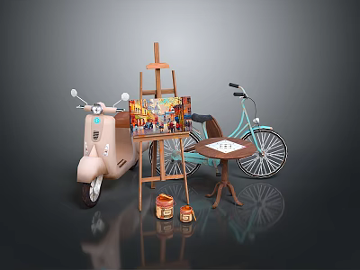 Blue Bicycle In Creative Setup With Easel Art Supplies And Small Table 3d model