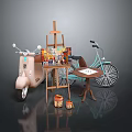 Blue Bicycle In Creative Setup With Easel Art Supplies And Small Table