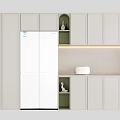Minimalist Modern Kitchen Sideboard With Beige Storage Cabinets And Decorative Ornaments