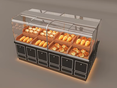 Display Showcase With Glass Cover Black Cabinets Illuminated Base And Various Bread Pastries 3d model