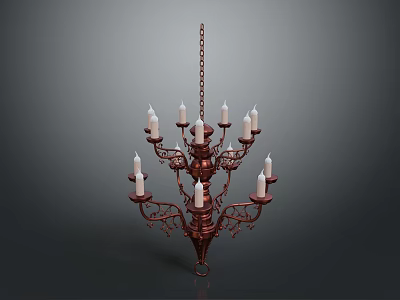 Antique Copper Chandelier With Ornate Design And Candle Shaped Lights Hanging From Chain 3d model
