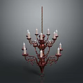 Antique Copper Chandelier With Ornate Design And Candle Shaped Lights Hanging From Chain