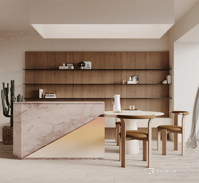 Modern Minimalist Dining Table Set With Round Table Wooden Chairs And Marble Countertop 3d model