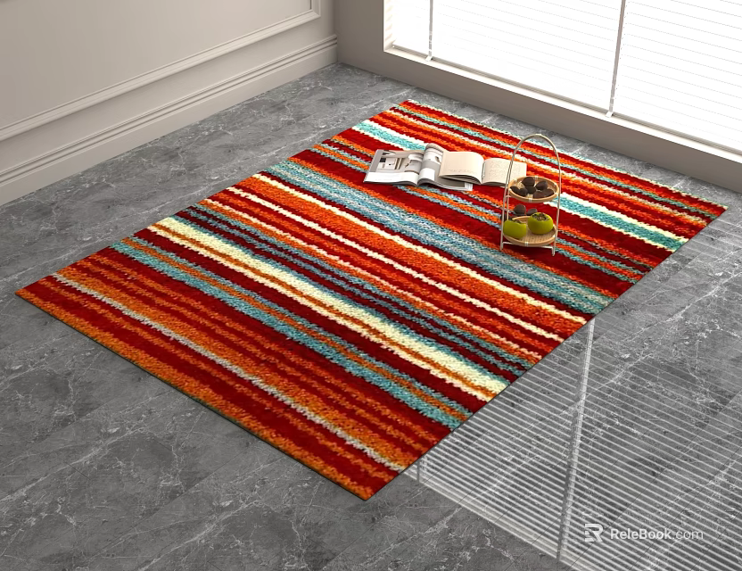 Colorful Striped Square Rug with Open Magazine and Tray on Gray Floor near Window 3d model 