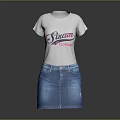 White Swan Clothing T shirt With Pink Purple Logo And Blue Denim Skirt Outfit
