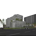 Modern Office Building Exterior With Glass Facade Trees And Street Vehicles