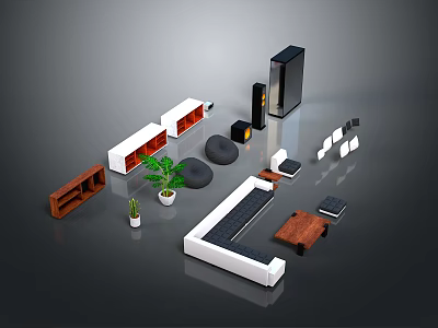 Modern Furniture Assortment Including Sofa Bookshelf Coffee Table And Green Plants 3d model