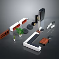 Modern Furniture Assortment Including Sofa Bookshelf Coffee Table And Green Plants
