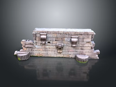Ancient Stone Wall Scenery with Carved Lion Heads and Symmetrical Stone Bases 3d model