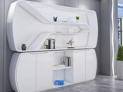 White Modern File Cabinet With Layered Shelves Storage Compartments And Decorative Plants Books 3d model