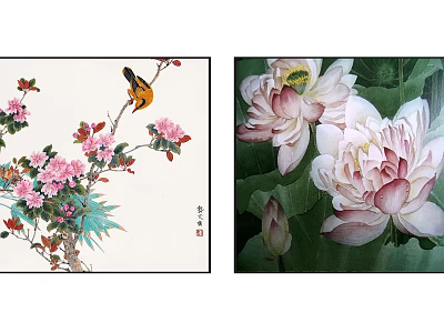 Artistic Botanical Paintings With Pink Flowers Birds Lotus And Bee Details 3d model