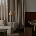 Modern Living Room Interior Design With Beige Sofa Pillows Floor Lamp And Curtains