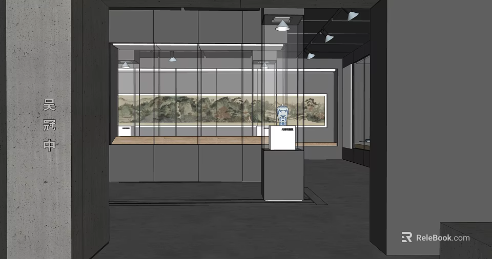 Modern Exhibition Space Interior Design With Glass Display Cases Wall Art And Lighting 3d model 