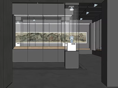 Modern Exhibition Space Interior Design With Glass Display Cases Wall Art And Lighting 3d model