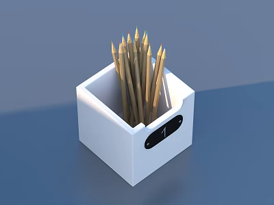 Multiple Wooden Pencils In White Square Pen Holder On Blue Desktop 3d model