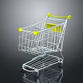 Sturdy Metal Shopping Cart With Yellow Handle Wire Basket Reflective Base And Wheels