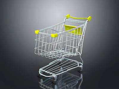 Sturdy Metal Shopping Cart With Yellow Handle Wire Basket Reflective Base And Wheels 3d model