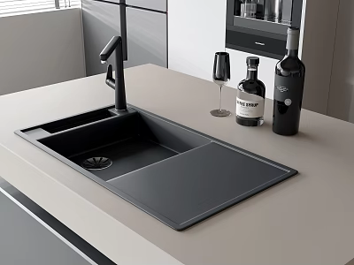 Modern Kitchen Black Faucet With Integrated Sink On Countertop And Wine Bottles 3d model