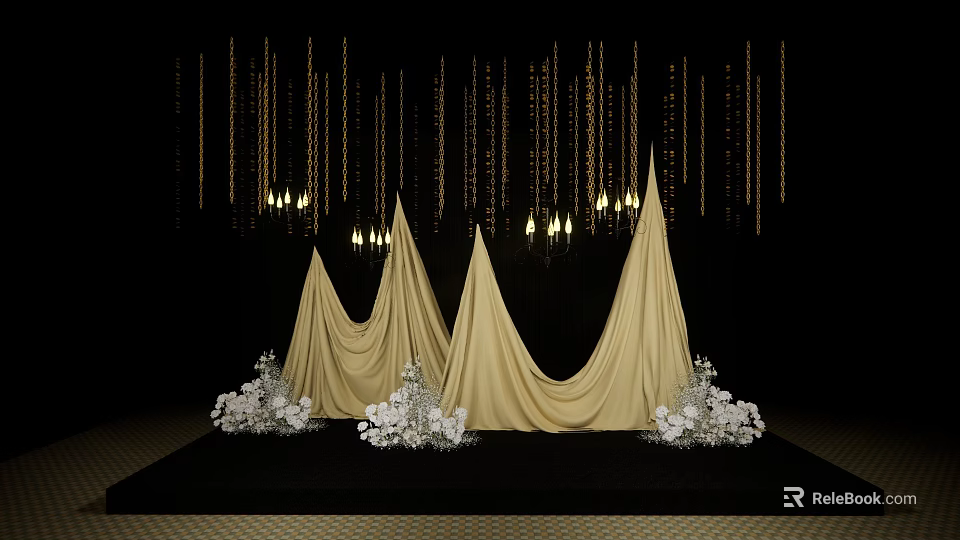 Elegant Floral Installation with Golden Conical Drapes White Flowers and Hanging Decorations on Black Background 3d model 