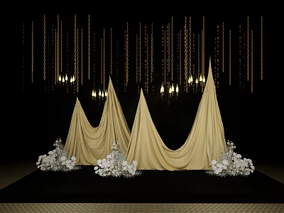 Elegant Floral Installation with Golden Conical Drapes White Flowers and Hanging Decorations on Black Background 3d model
