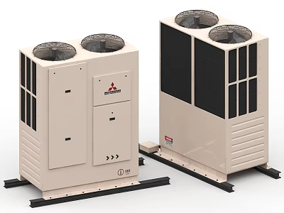 Mitsubishi Air Conditioner Outdoor Units With Dual Fans Beige Exterior Black Panels And Mounting Brackets 3d model