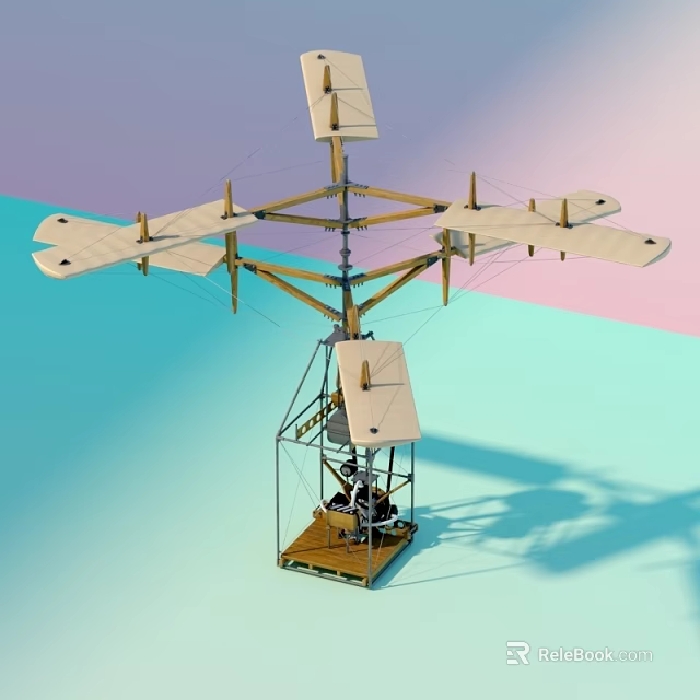 Wooden Frame Helicopter Design with Multiple Wings Base Platform and Blue Pink Gradient Background 3d model