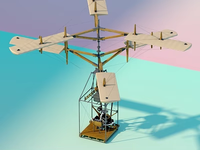 Wooden Frame Helicopter Design with Multiple Wings Base Platform and Blue Pink Gradient Background 3d model