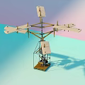Wooden Frame Helicopter Design with Multiple Wings Base Platform and Blue Pink Gradient Background 3d model
