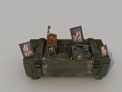 Industrial Equipment Green Storage Box Featuring Photos Small Statue and Equipment on Top 3d model