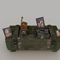 Industrial Equipment Green Storage Box Featuring Photos Small Statue and Equipment on Top