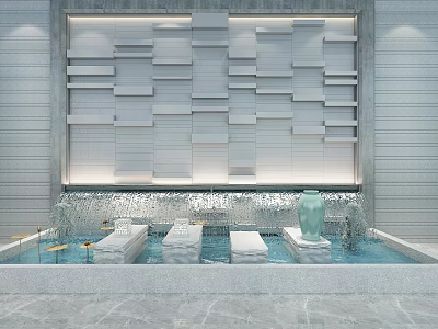 White Layered Square Panel Feature Wall With Stepped Water Feature And Green Vase 3d model