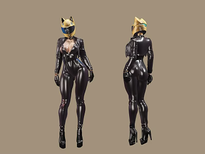 Women In Shiny Black Bodysuit With Gold Cat Ear Helmet Front And Back View 3d model