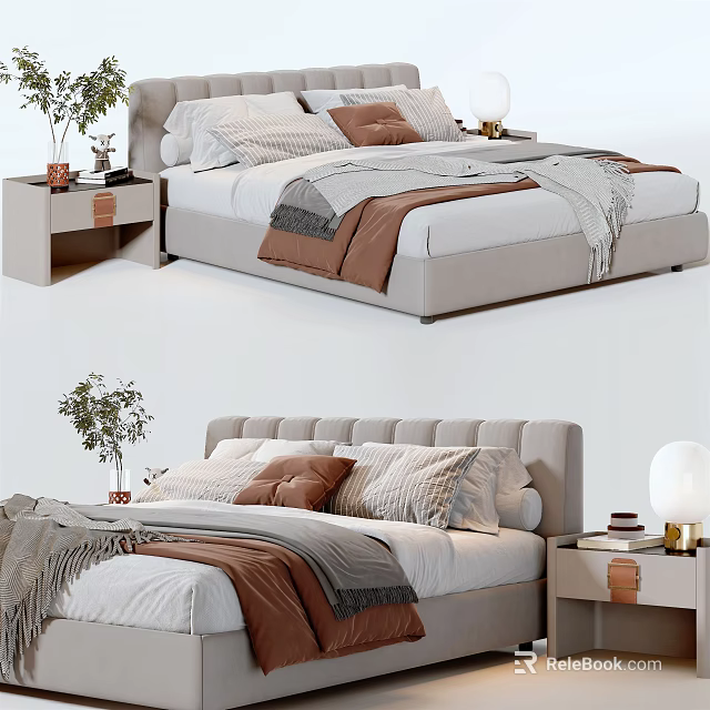 Elegant Modern Double Bed with Bedside Tables Pillows Blankets and Potted Plants 3d model
