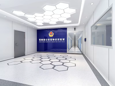 Modern Public Security Forensic Institute Reception Desk With Logo Wall And Hexagonal Floor 3d model