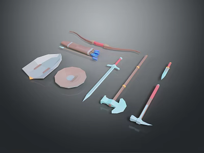 Various Medieval Fantasy Weapons Collection Including Bow Sword Axe Dagger Shield And Helmet 3d model