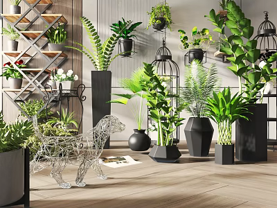 Modern Interior With Bonsai Potted Plants Metal Cages Shelves And Animal Figurine 3d model