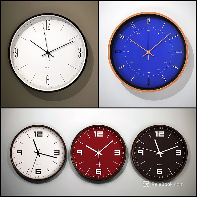 Various Modern Wall Clocks With White Blue Red Black Dials And Stylish Designs 3d model 