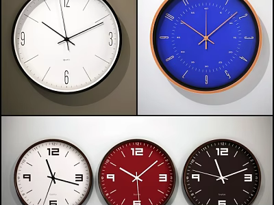 Various Modern Wall Clocks With White Blue Red Black Dials And Stylish Designs 3d model