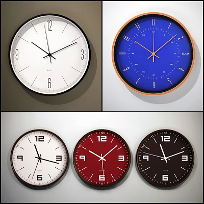 Various Modern Wall Clocks With White Blue Red Black Dials And Stylish Designs 3d model