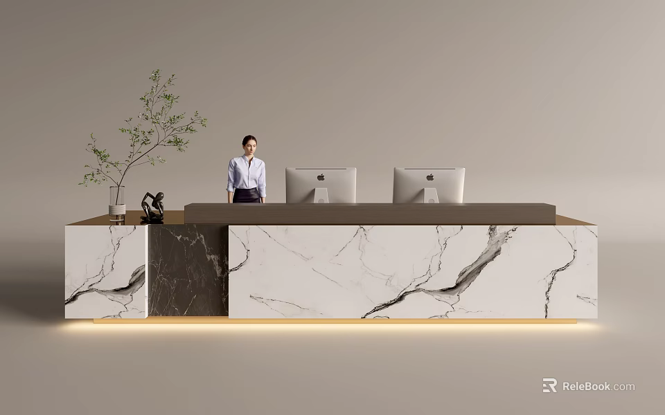 Modern Reception Desk With Marble Countertop Computer Monitors And Green Plant 3d model 