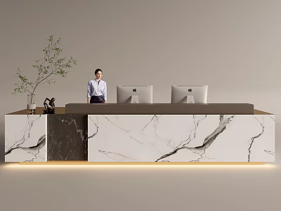 Modern Reception Desk With Marble Countertop Computer Monitors And Green Plant 3d model
