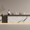 Modern Reception Desk With Marble Countertop Computer Monitors And Green Plant