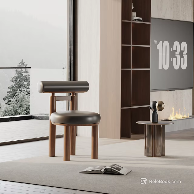 Modern Dining Chair With Leather Seat And Wooden Legs In Contemporary Interior 3d model 