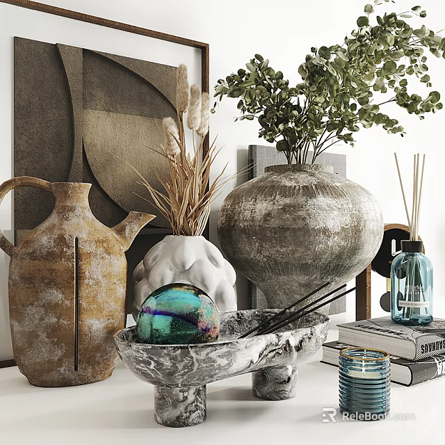 Decorative Vases With Plants And Aromatherapy Items In Modern Interior 3d model 