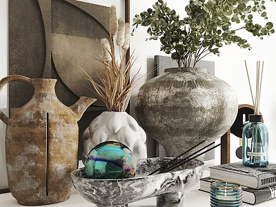 Decorative Vases With Plants And Aromatherapy Items In Modern Interior 3d model