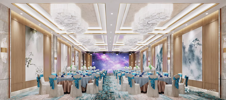 Luxurious Banquet Hall Interior With Starry Sky Backdrop Crystal Chandeliers And Blue Ribbon Chairs 3d model 