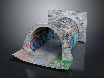 Abandoned Arch Tunnel And Brick Wall Outdoor Scene With Colorful Graffiti And Mossy Ground 3d model